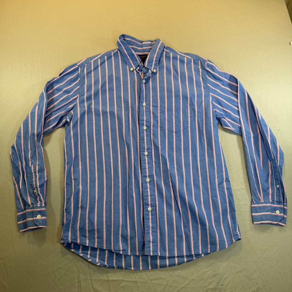 American Eagle Mens Blue Pink Striped Button Down Shirt Cotton Long Sleeve Large